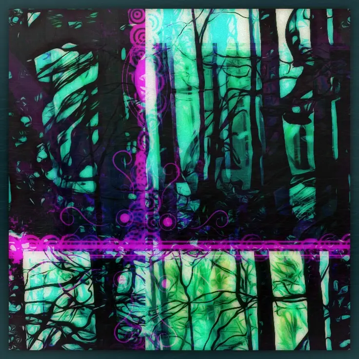 Layered green forest forms crossed by magenta patterns