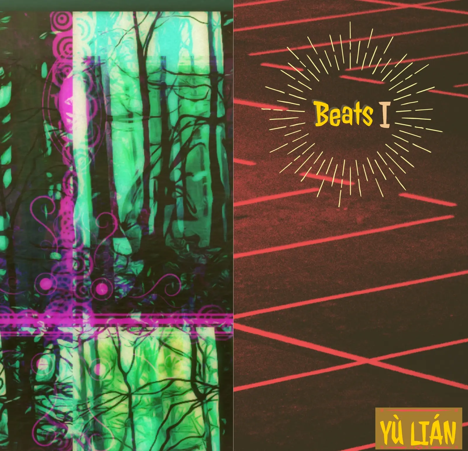 Green and magenta abstract artwork beside red lines and a Beats I design