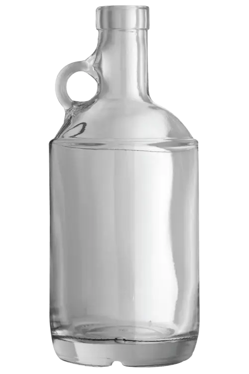 A clear glass bottle with a small loop handle