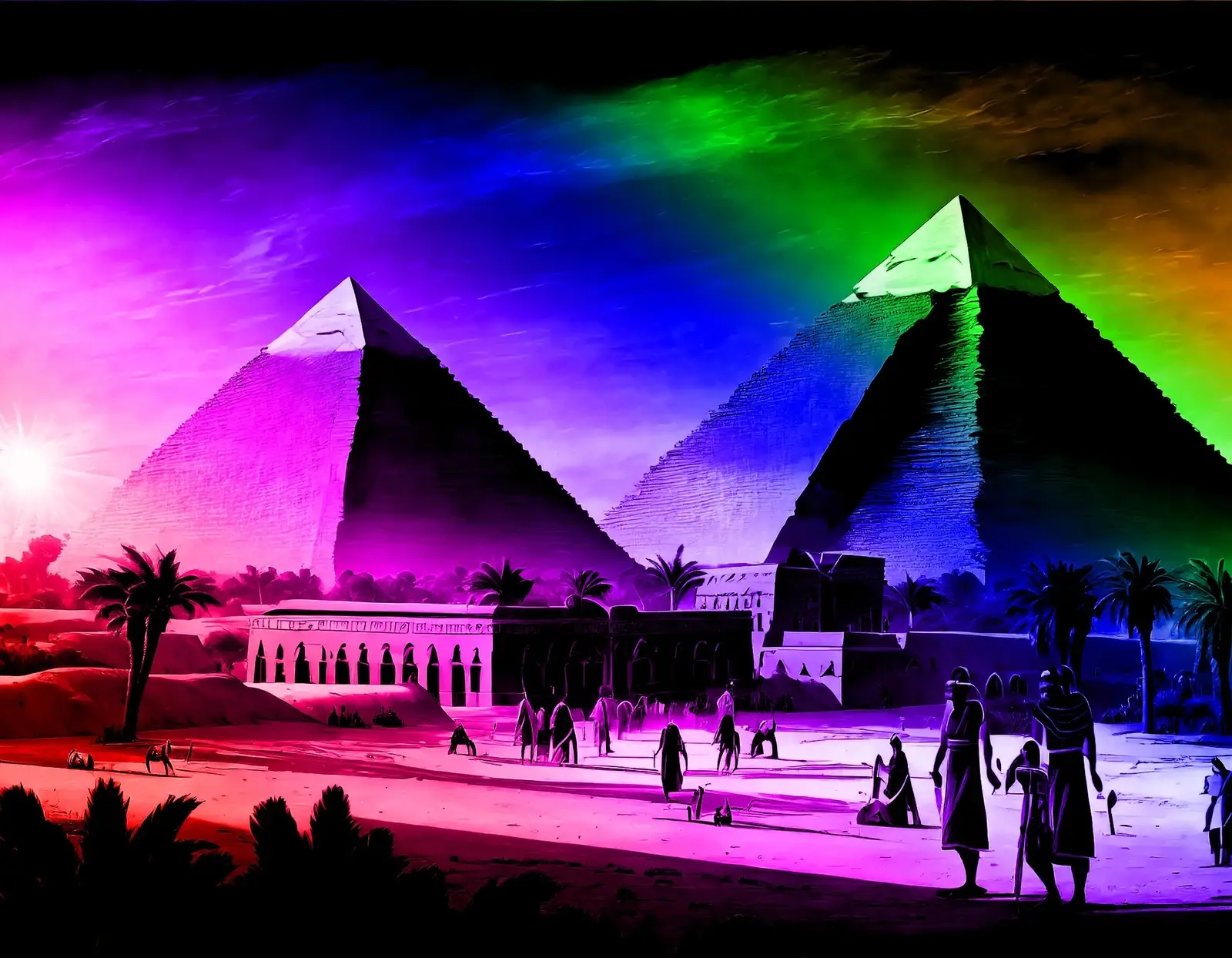 Egyptian pyramids beneath a sky filled with purple, green, and rainbow light