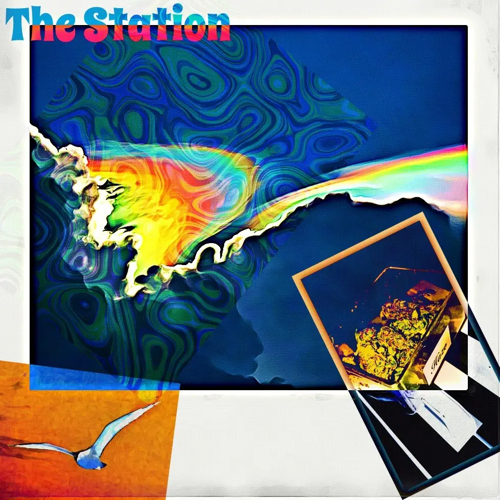 A colorful collage with swirling blue patterns and The Station lettering