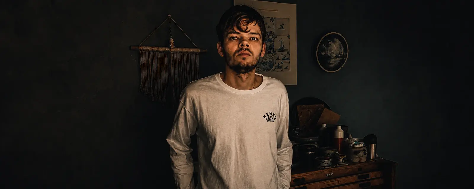 A person in a white shirt standing in a dimly lit room