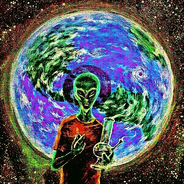 An alien figure in front of a swirling multicolored planet