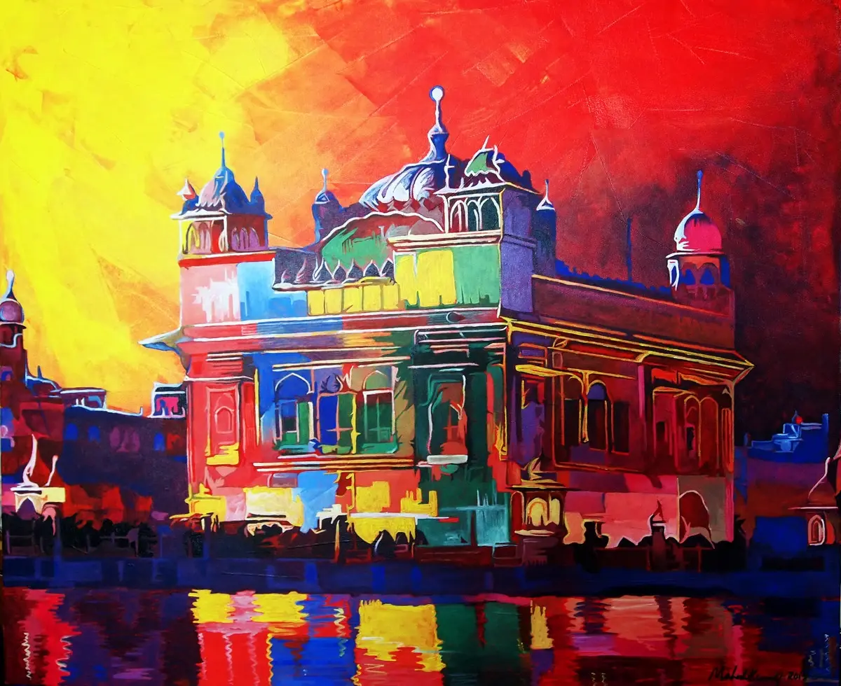 A brightly colored temple reflected in water beneath a yellow and red sky