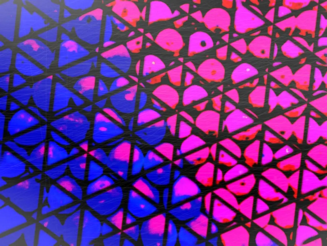 A mosaic of pink, purple, and blue shapes crossed by dark lines