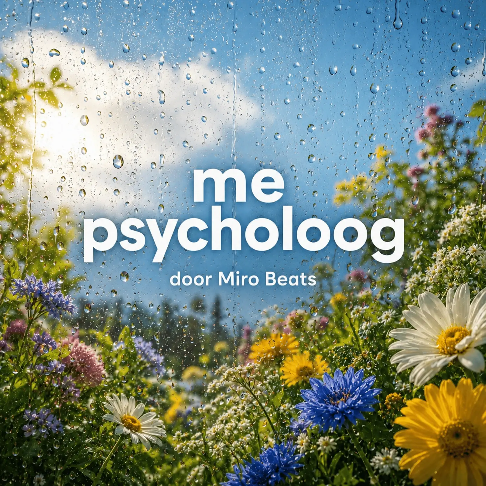 Flowers beneath a rain-covered window with Me Psycholoog lettering