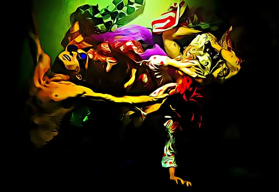 Figures in bold yellow, green, and magenta against a black background