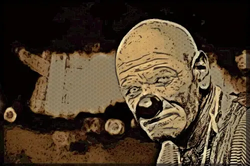 A sad clown portrait in muted brown and cream tones