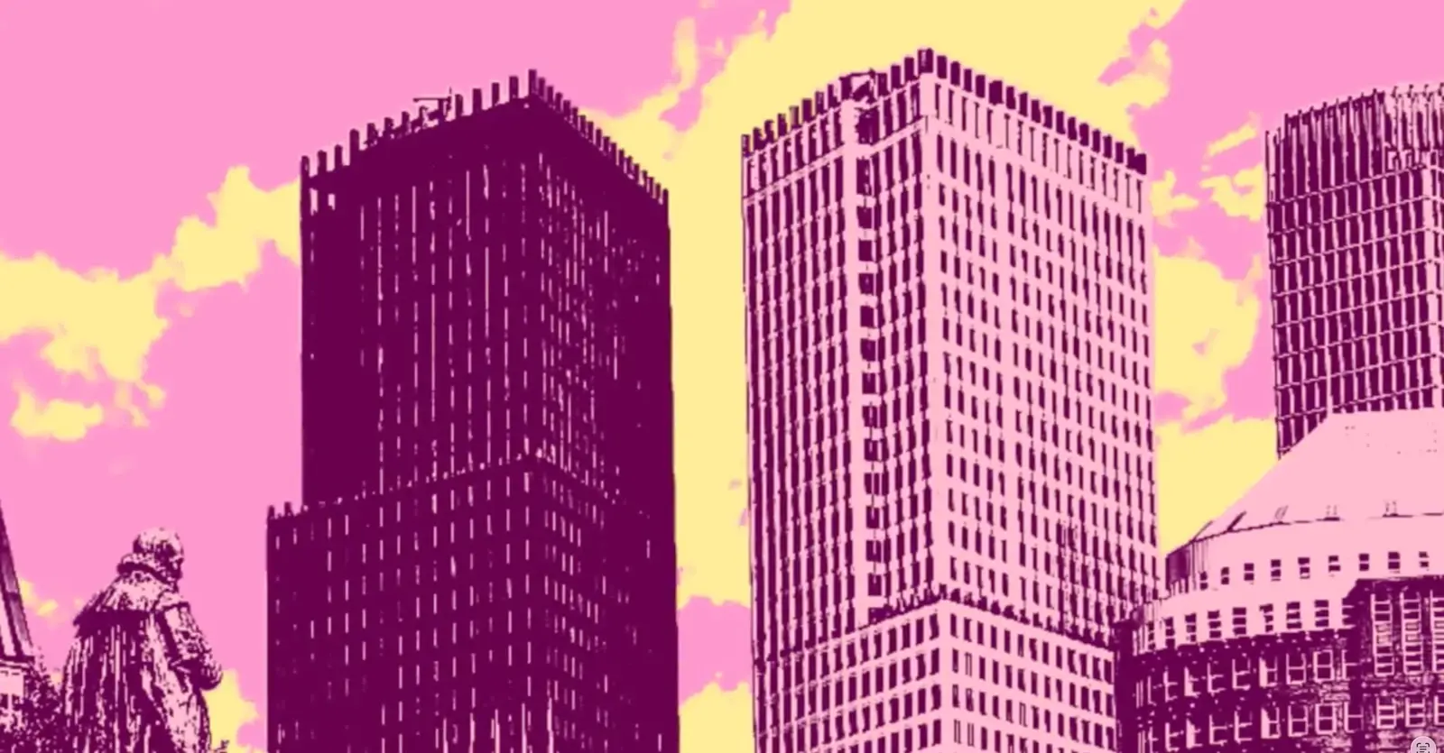 City buildings in pink and purple beneath a yellow sky