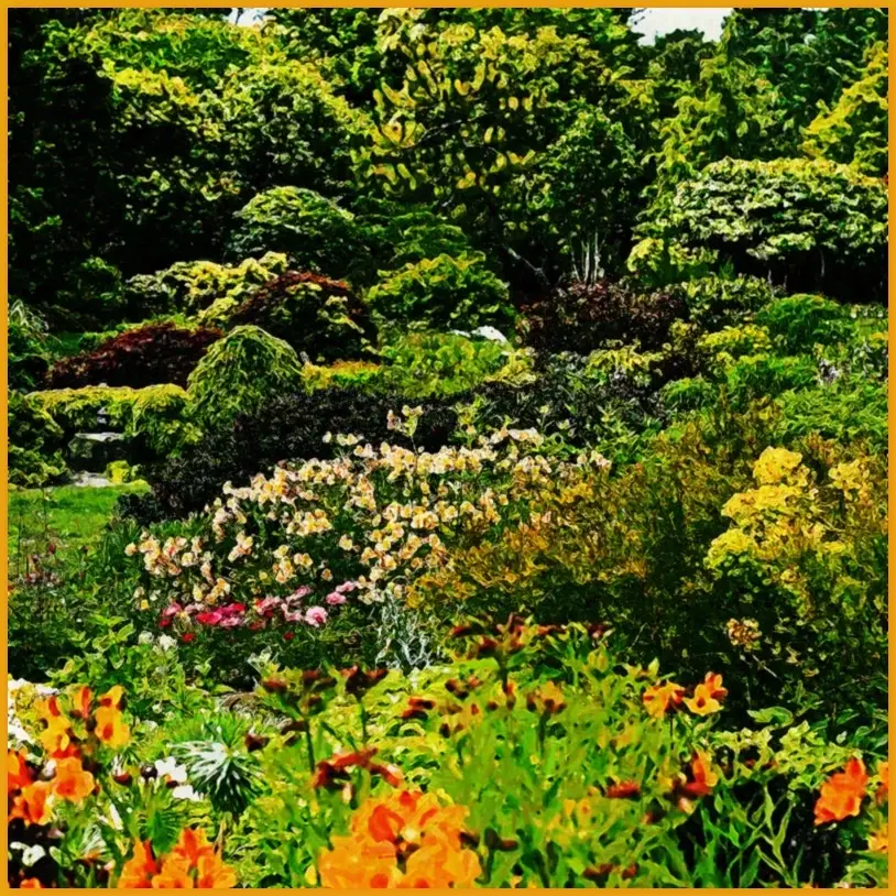 A lush garden filled with trees, shrubs, and colorful flowers