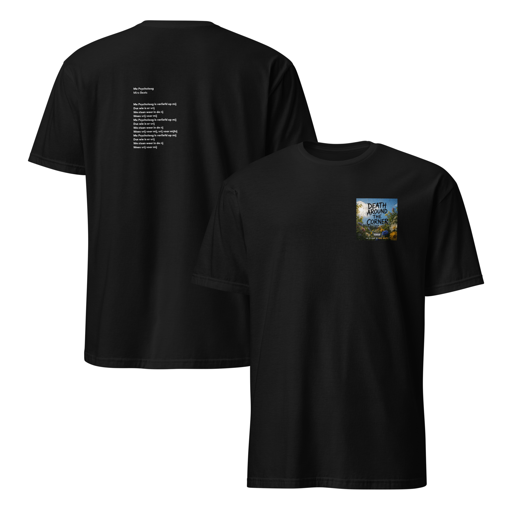 Black One Of Fifty Miro Beats Me Psycholoog Signed T-Shirt Black, shown from the front and back